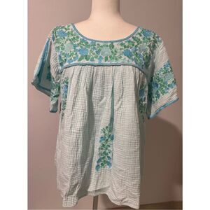 Floral Embroidered Women's Blouse - Blue and Green
